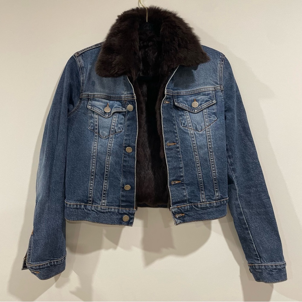 Theory denim long sleeve jean jacket with removable inner brown fur vest size XS